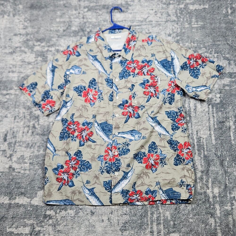 Columbia PFG Fishing Shirt Mens XL Beige Floral Marlin Hawaiian Short Sleeve